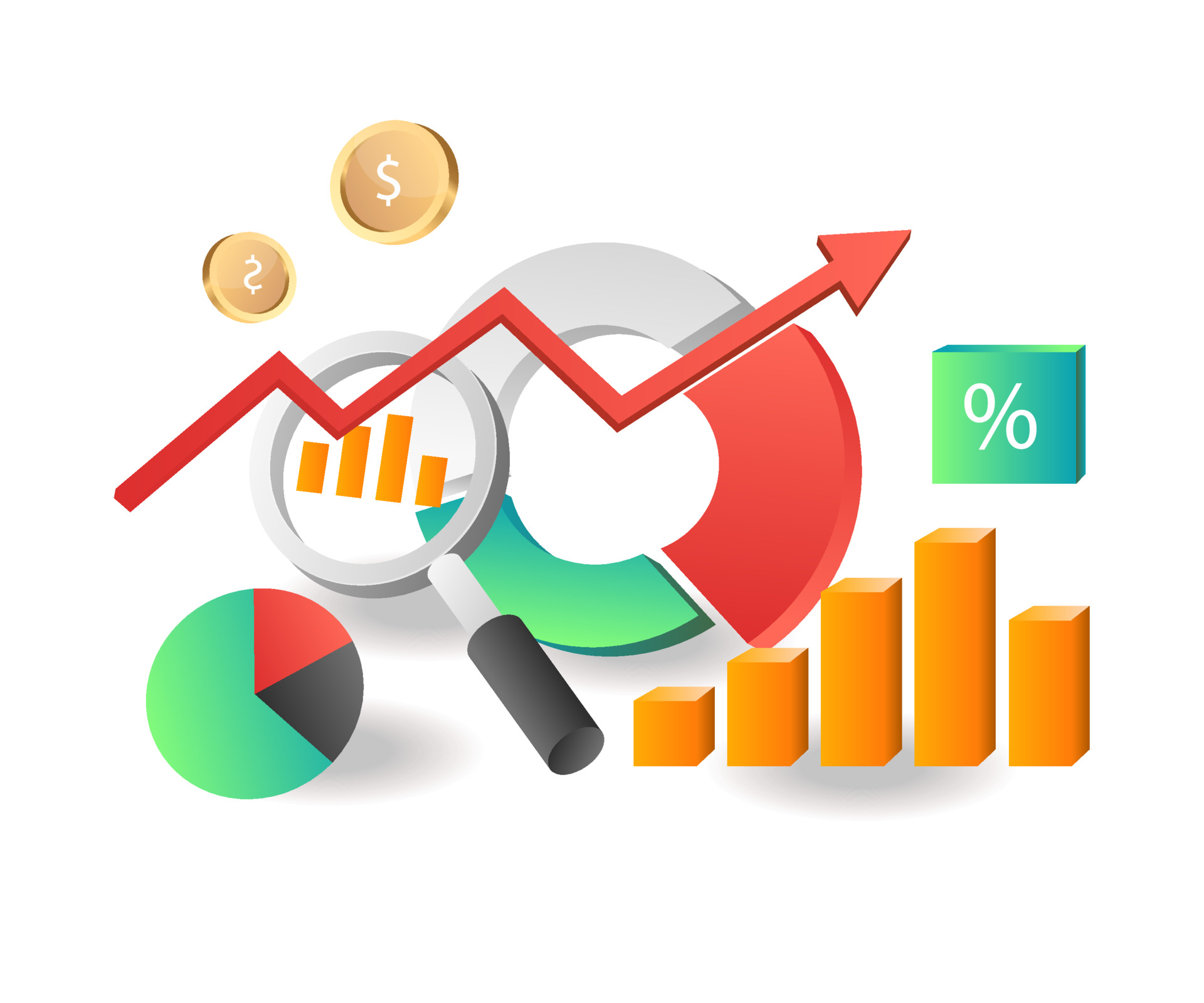 Isometric illustration concept. Percentage of investment business analysis data